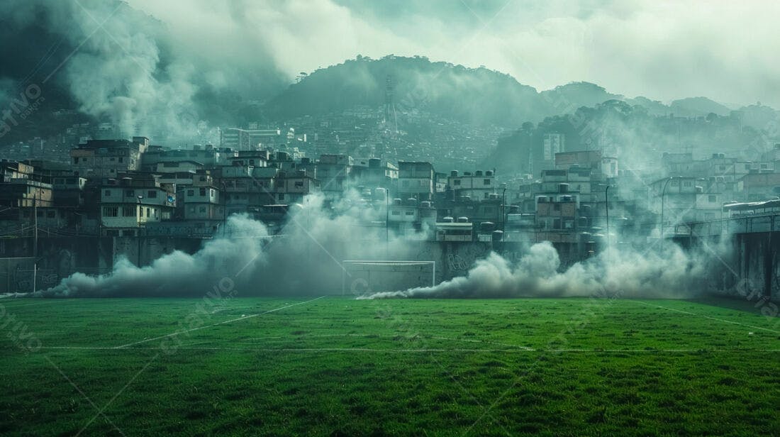 Campo de futebol com fumaça e favela ao fundo