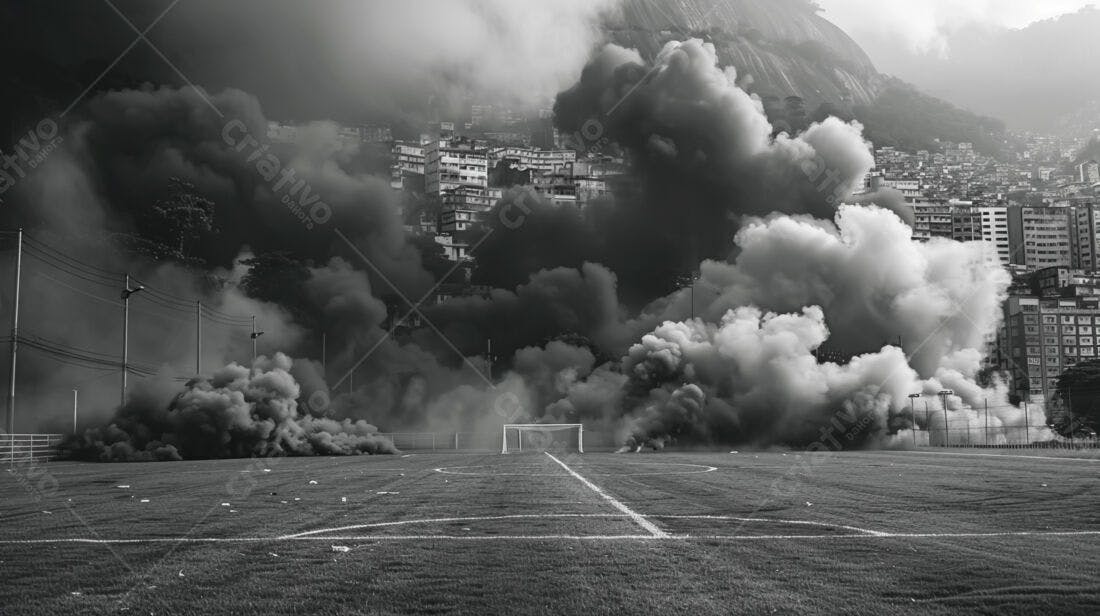 Campo de futebol com fumaça em favela