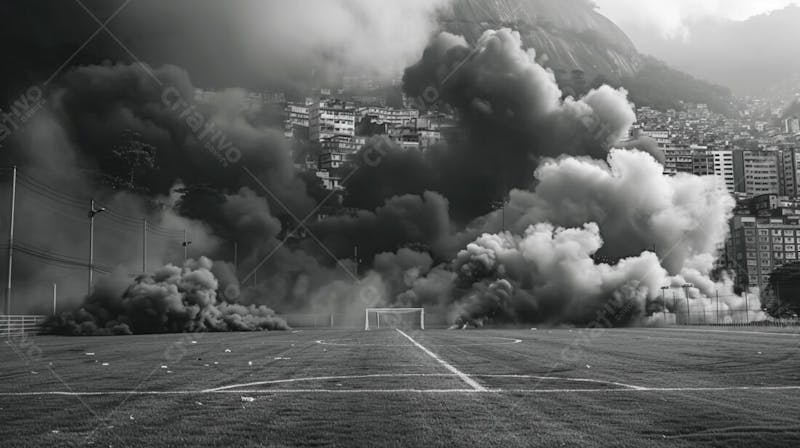 Imagem de fundo de campo de futebol na favela com fumaça 33