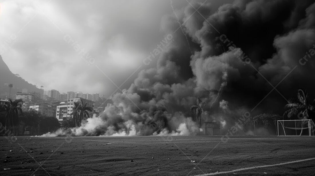 Campo de futebol com fumaça escura