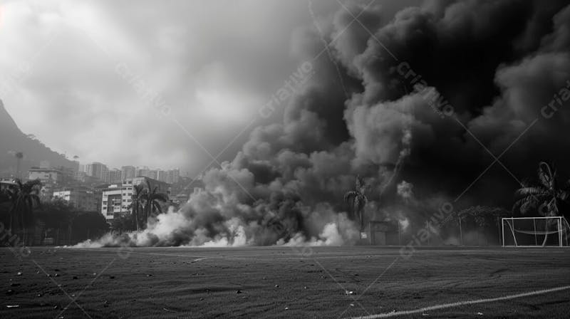 Imagem de fundo de campo de futebol na favela com fumaça 34