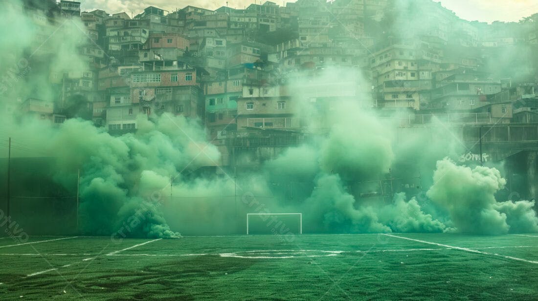 Campo de futebol com fumaça verde e favela ao fundo