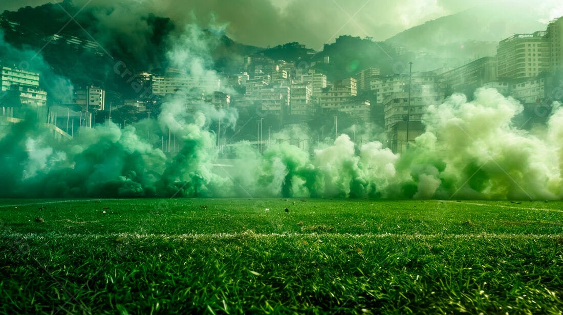 Campo de futebol com fumaça verde
