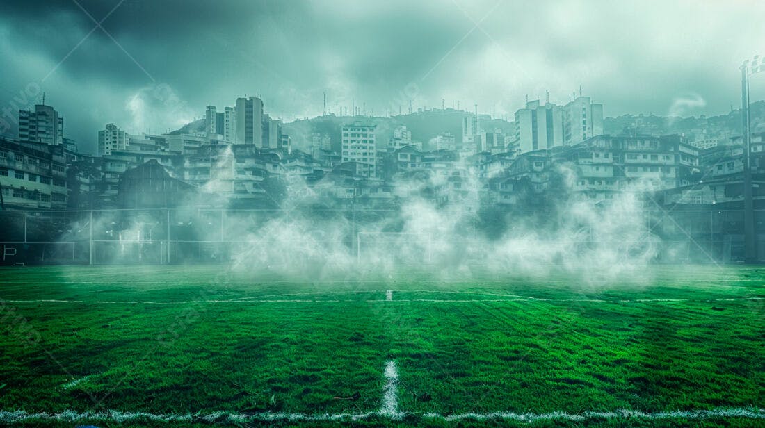 Campo de futebol com neblina cidade ao fundo