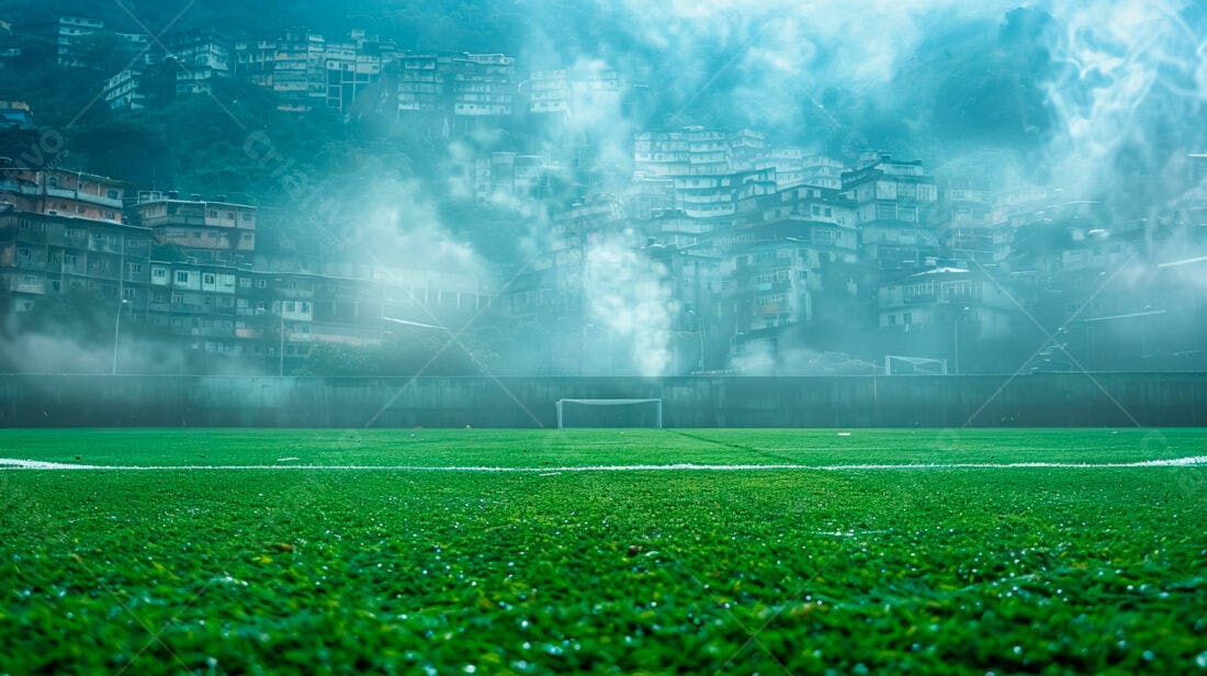Campo de futebol com cidade na neblina
