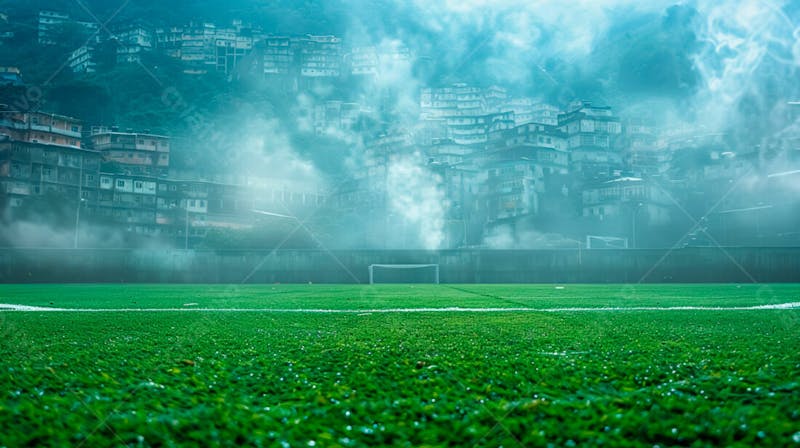 Imagem de fundo de campo de futebol na favela com fumaça 39