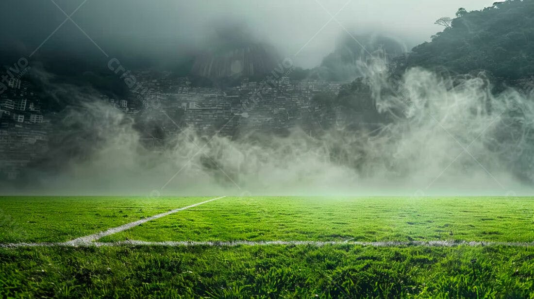 Campo de futebol misterioso com névoa e cidade ao fundo