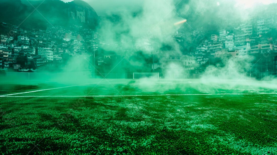 Campo de futebol com neblina verde