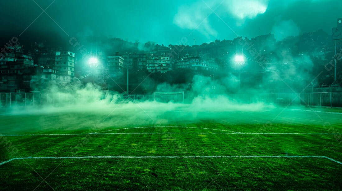 Campo de futebol misterioso em noite nebulosa