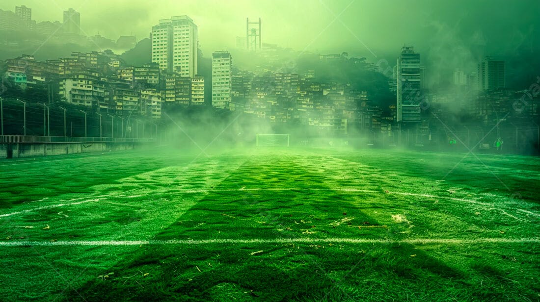 Campo de futebol verde em cidade ensombrada
