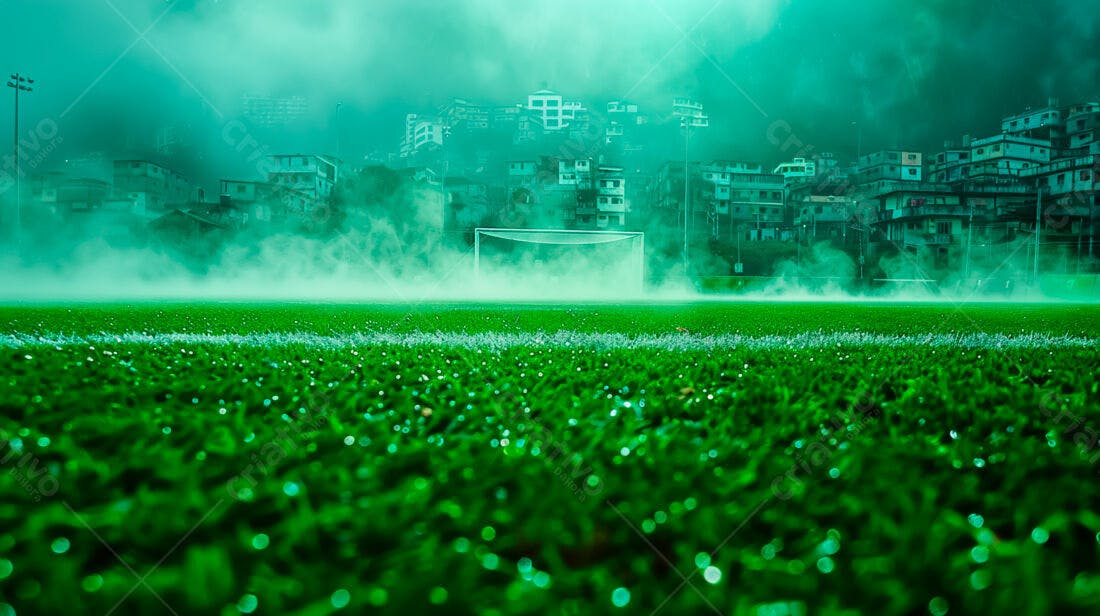 Campo de futebol ensombrecido nevoeiro verde