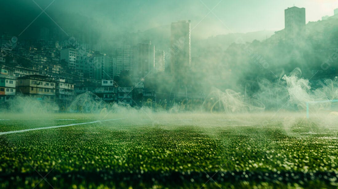 Campo de futebol com neblina matinal em cidade