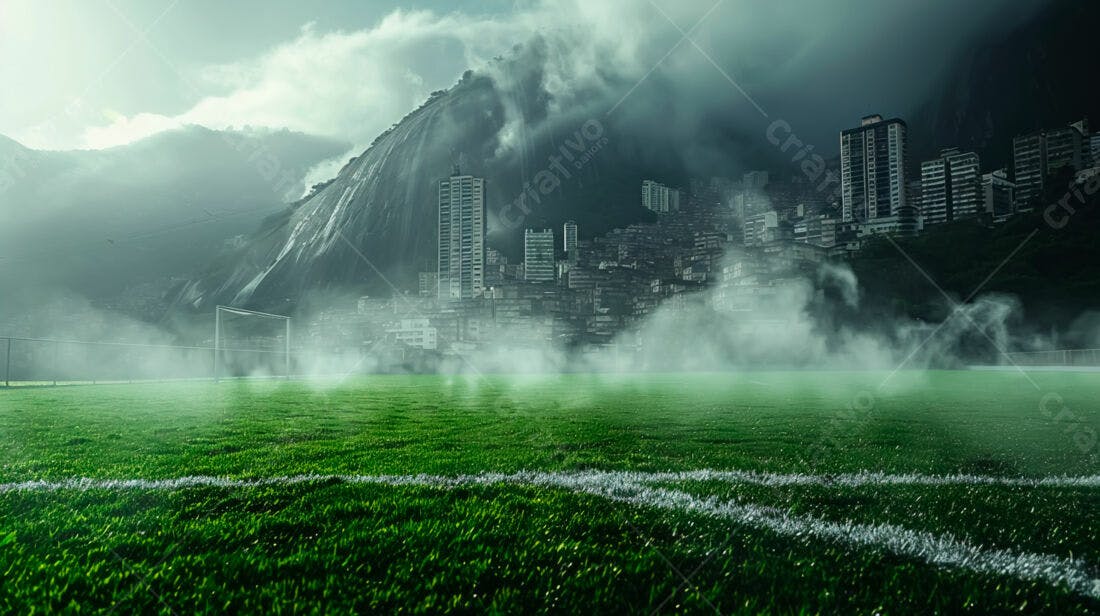 Campo de futebol com cidade ao fundo em dia nebuloso