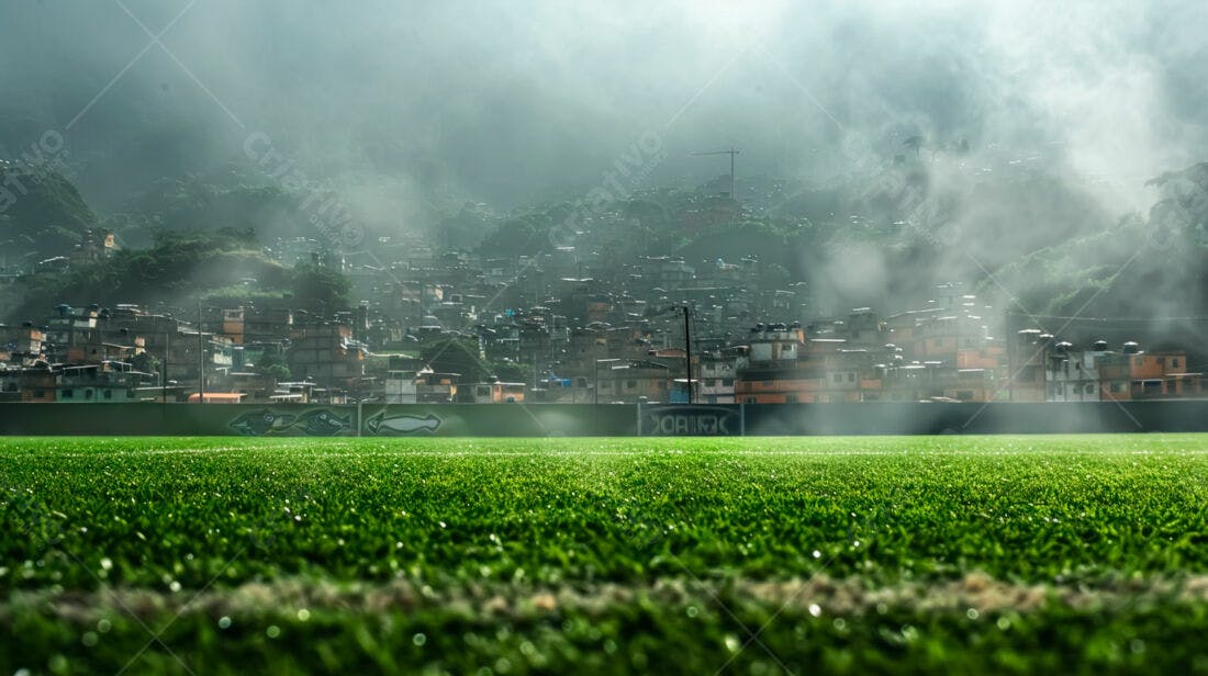 Campo de futebol sob chuva favela ao fundo