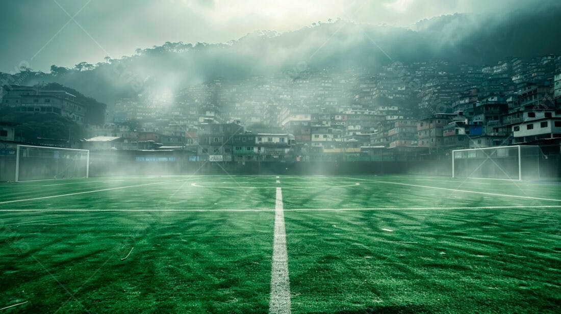 Campo de futebol favela sob neblina