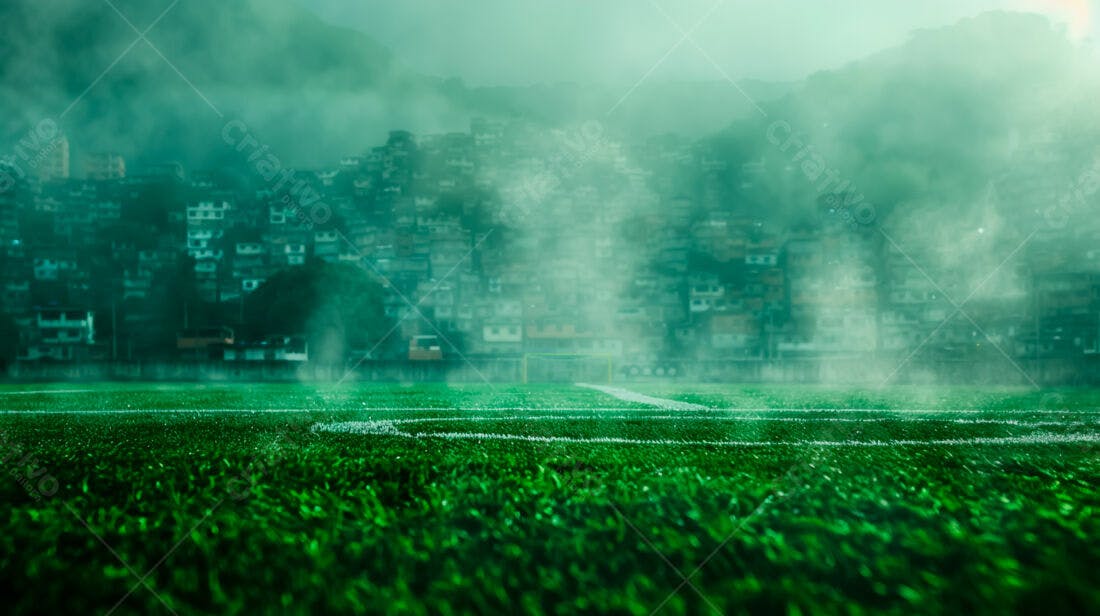 Campo de futebol sob neblina em favela