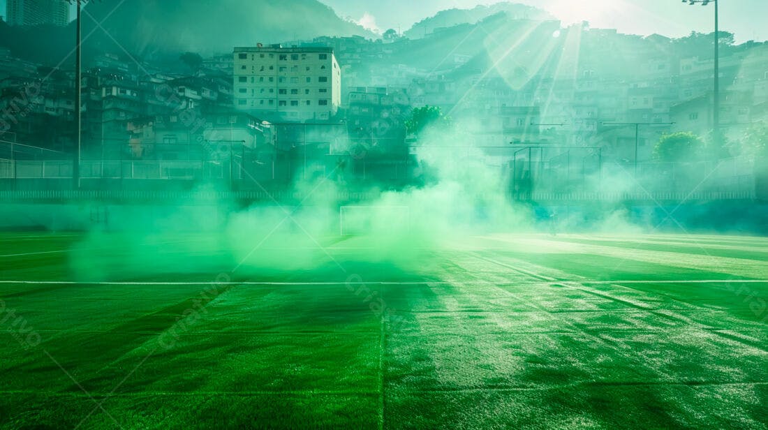 Campo de futebol com fumaça verde