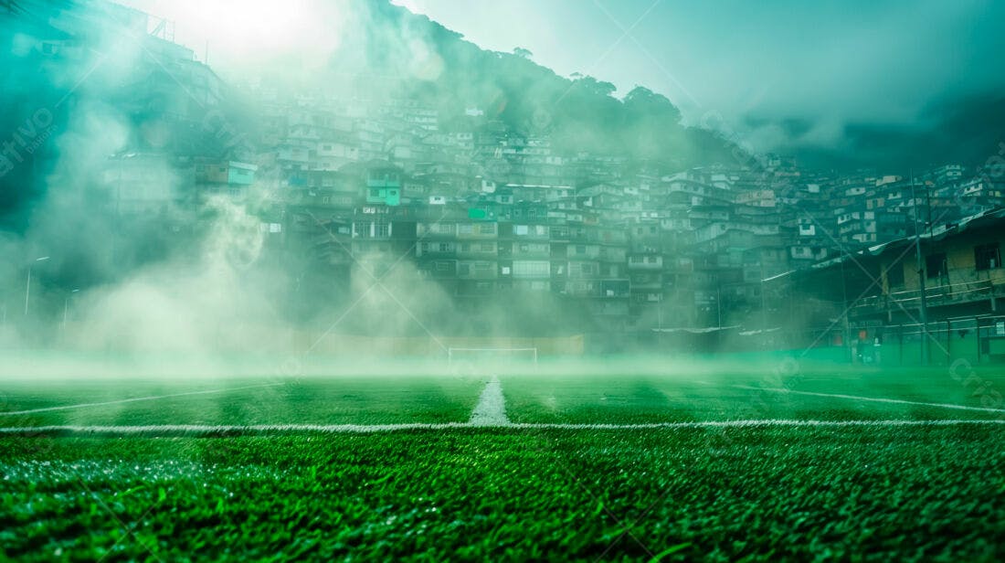 Campo de futebol com favela ao fundo em dia nebuloso
