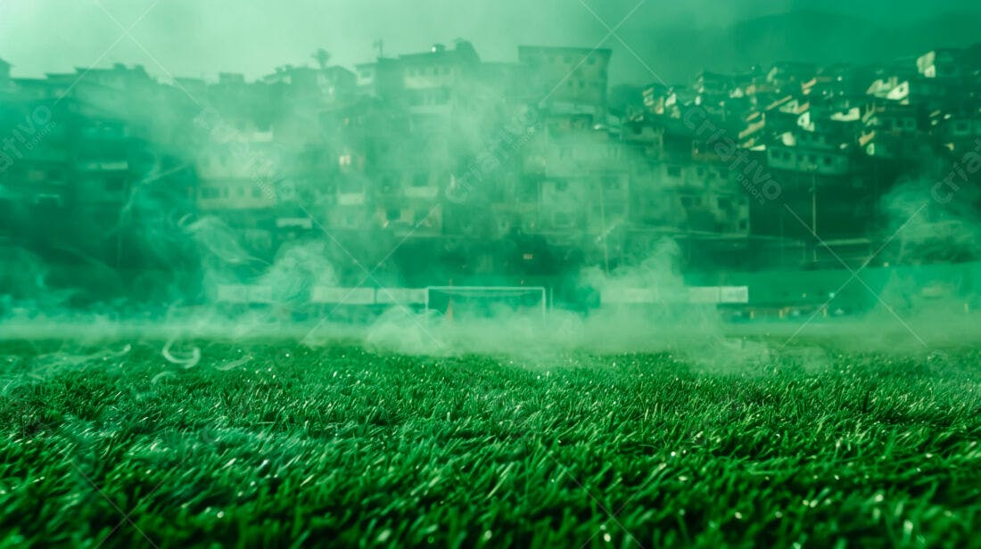 Campo de futebol com fumaça verde favela ao fundo