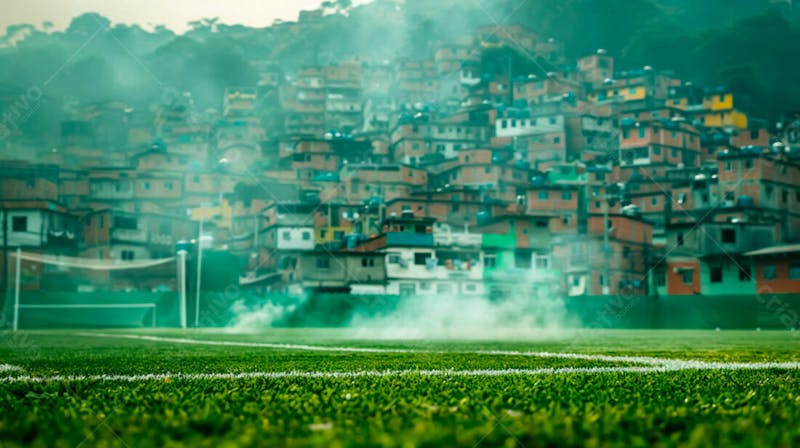 Imagem de fundo de campo de futebol na favela com fumaça 53