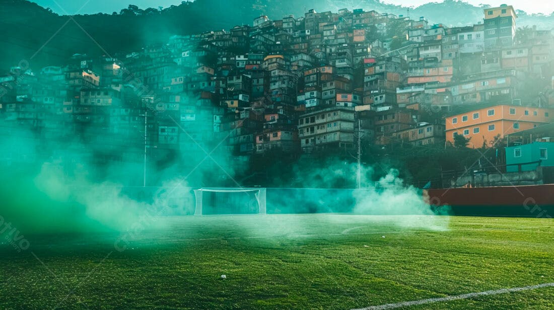 Campo de futebol com fumaça verde favela ao fundo