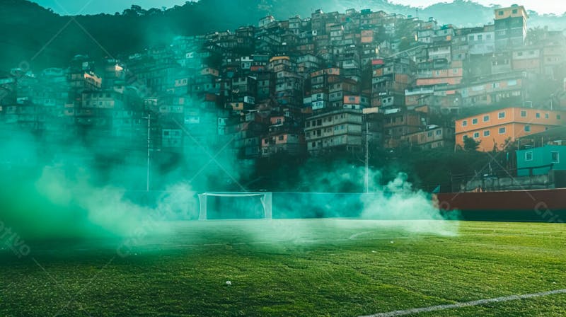 Imagem de fundo de campo de futebol na favela com fumaça 54