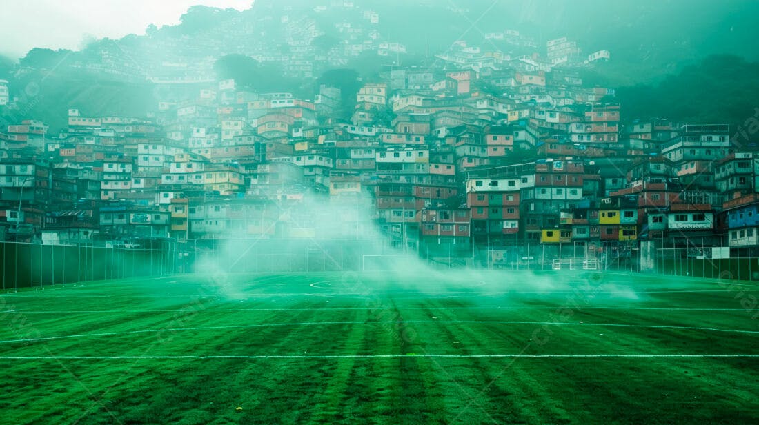 Campo de futebol com favela ao fundo