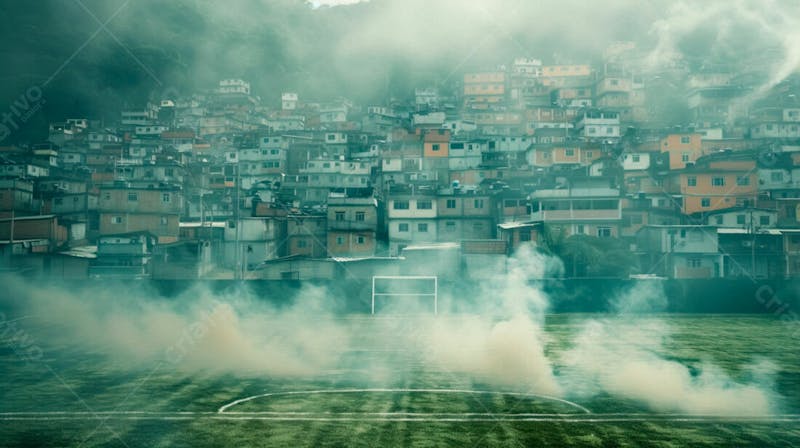Imagem de fundo de campo de futebol na favela com fumaça 57