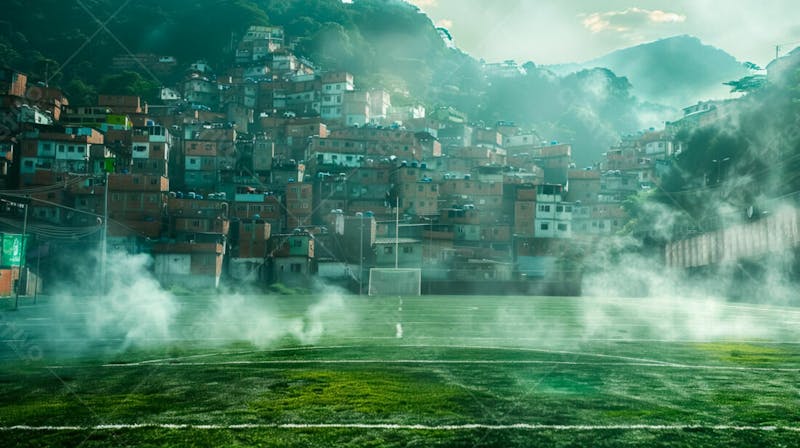 Imagem de fundo de campo de futebol na favela com fumaça 56