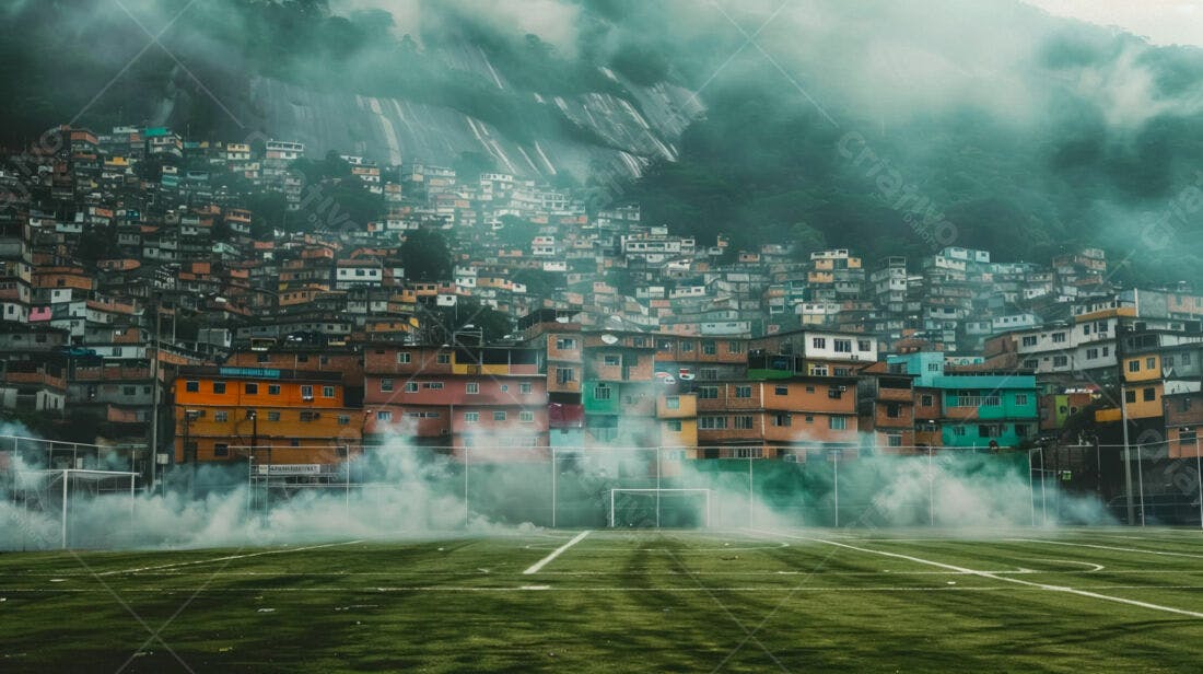 Favela brasileira sob neblina campo de futebol