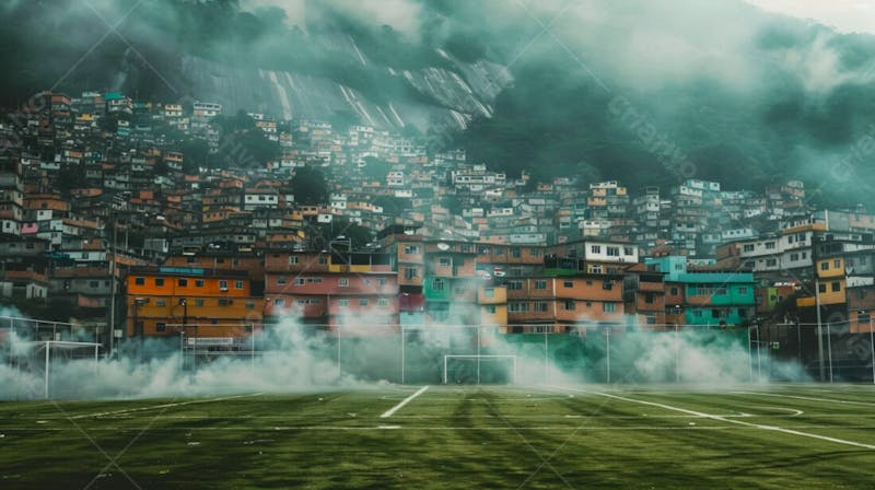 Imagem de fundo de campo de futebol na favela com fumaça 58