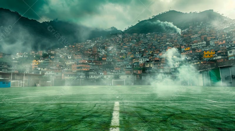 Imagem de fundo de campo de futebol na favela com fumaça 59