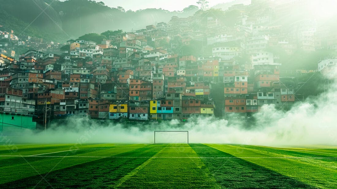 Campo de futebol com favela ao fundo