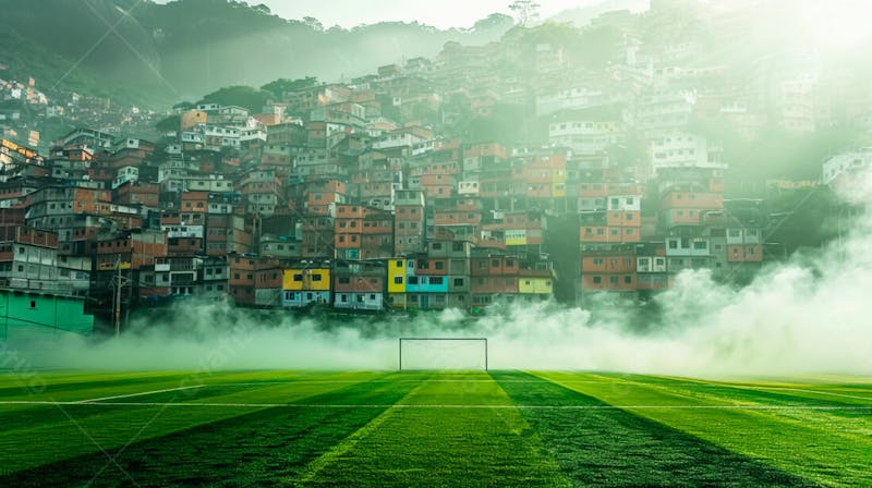 Imagem de fundo de campo de futebol na favela com fumaça 60