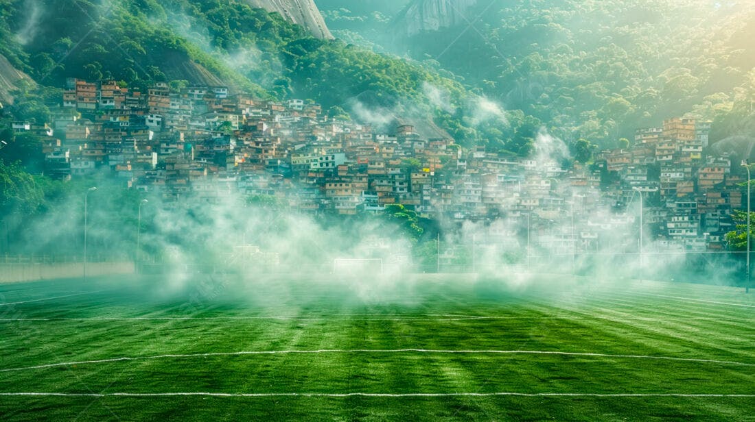 Campo de futebol com favela ao fundo