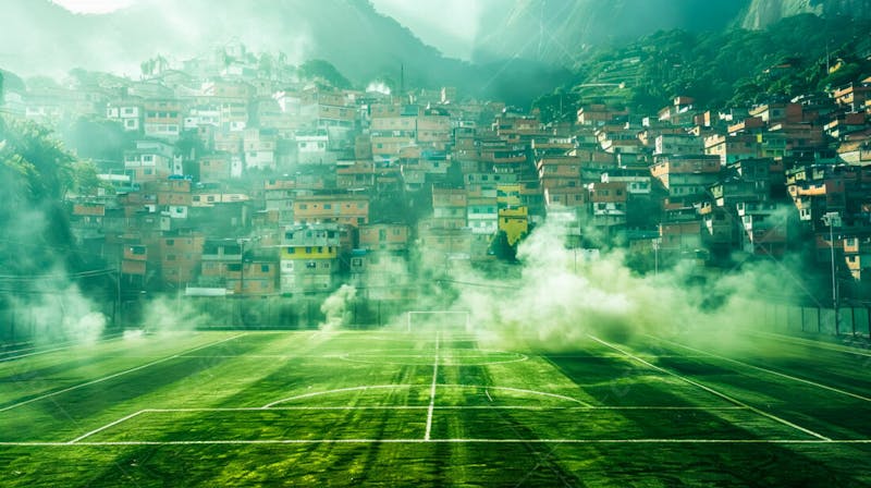 Imagem de fundo de campo de futebol na favela com fumaça 62