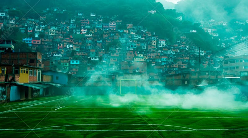 Imagem de fundo de campo de futebol na favela com fumaça 63