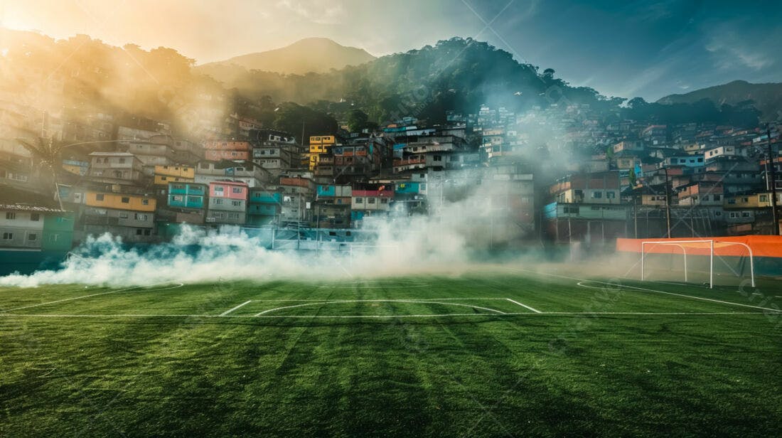 Campo de futebol com favela ao fundo