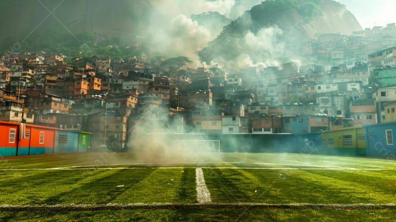 Imagem de fundo de campo de futebol na favela com fumaça 65