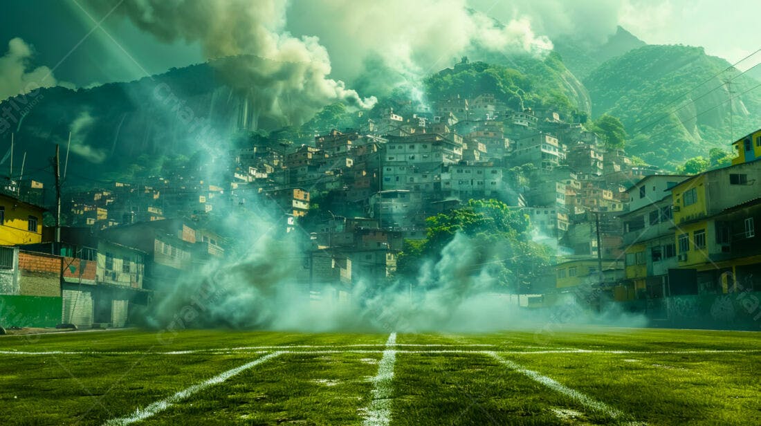 Favela sobre campo de futebol com fumaça verde