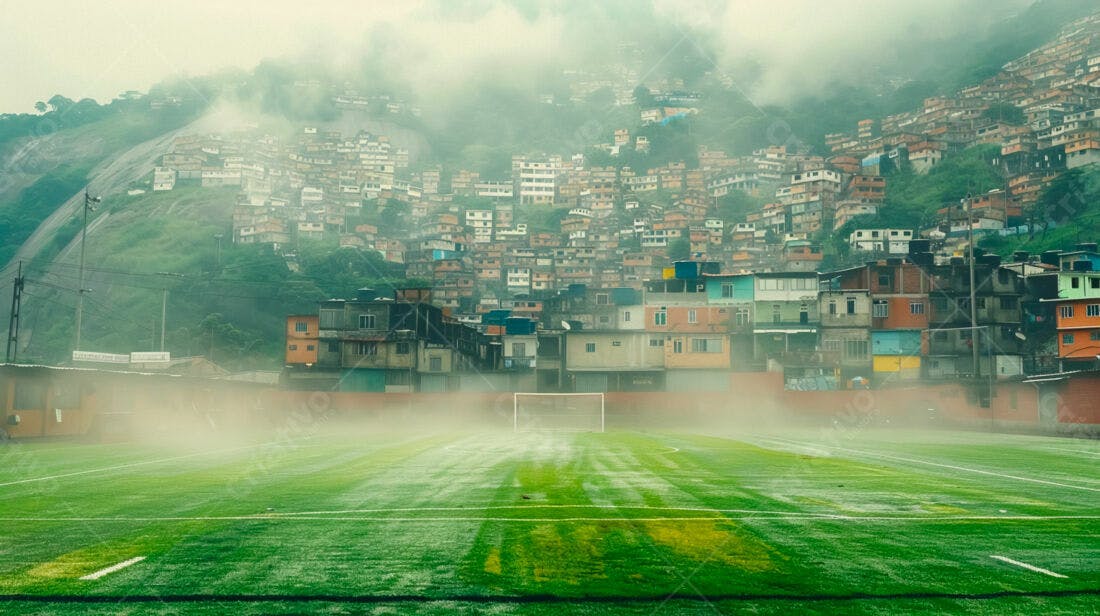 Campo de futebol com favela ao fundo em dia chuvoso