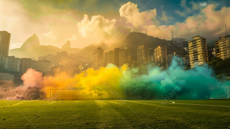 Imagem de fundo de campo de futebol na favela com fumaça colorida 1
