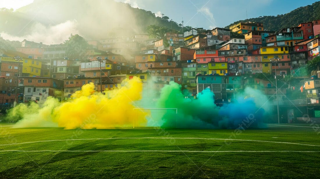 Fumaça colorida em campo de futebol favela