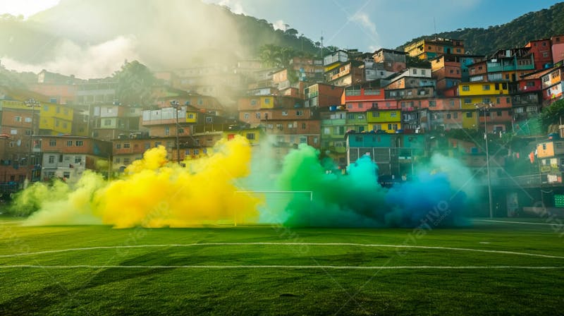 Imagem de fundo de campo de futebol na favela com fumaça colorida 2