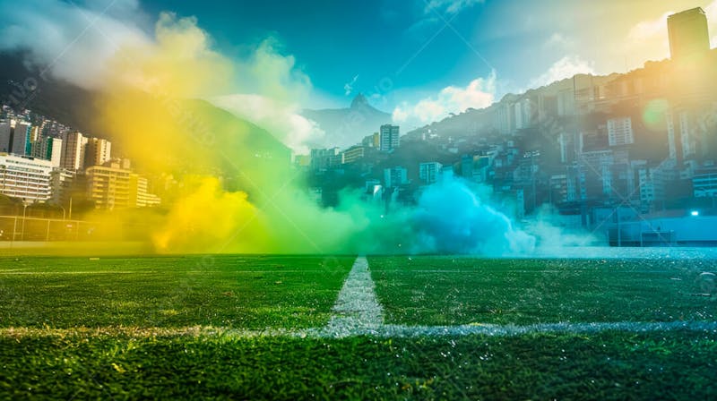 Imagem de fundo de campo de futebol na favela com fumaça colorida 3