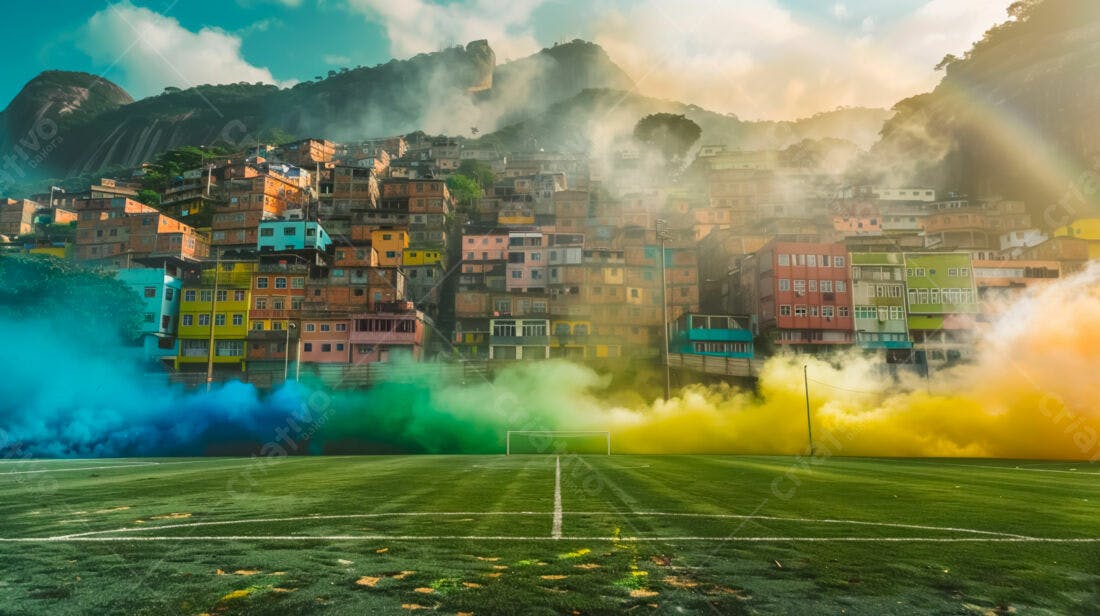 Favela colorida com fumaça de cores vibrantes em campo de futebol