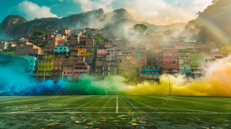 Imagem de fundo de campo de futebol na favela com fumaça colorida 4
