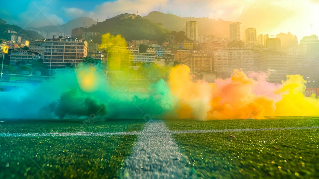 Fumaça colorida em campo de futebol
