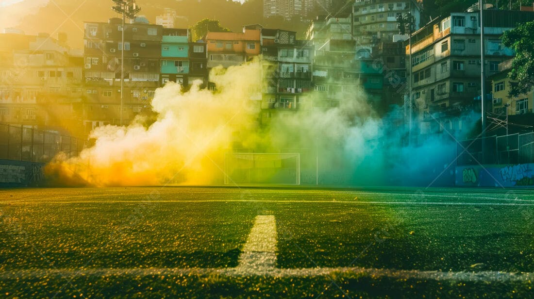 Campo de futebol com fumaça colorida ao entardecer