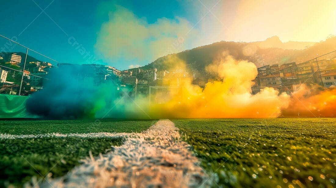 Campo de futebol com fumaça verde e amarela
